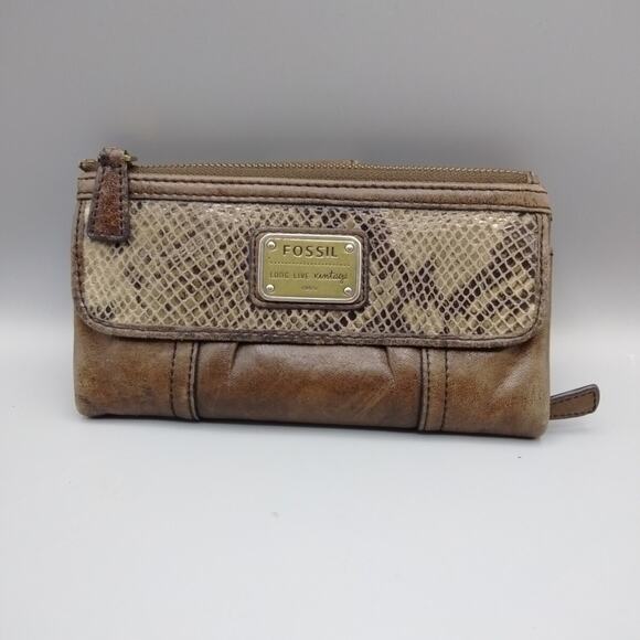 Fossil Long Live Vintage 1954 Wallet Lamb Hide Leather Brown Bi-fold Top Zip - Picture 1 of 8